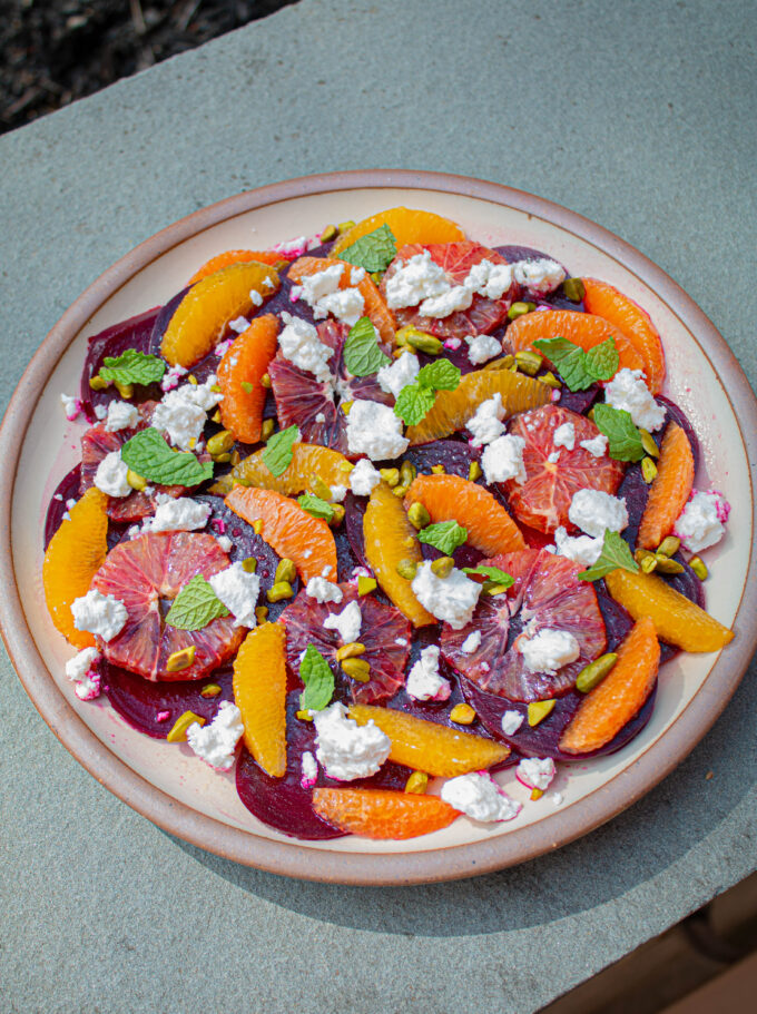 beet salad dressing with orange juice Roasted Beet Salad with Oranges and Creamy Goat Cheese Dressing