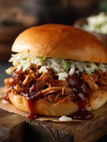 Pulled pork, Slow-cooked shredded pork, close-up of juicy pulled pork sandwich in a toasted brioche bun with coleslaw and barbecue sauce