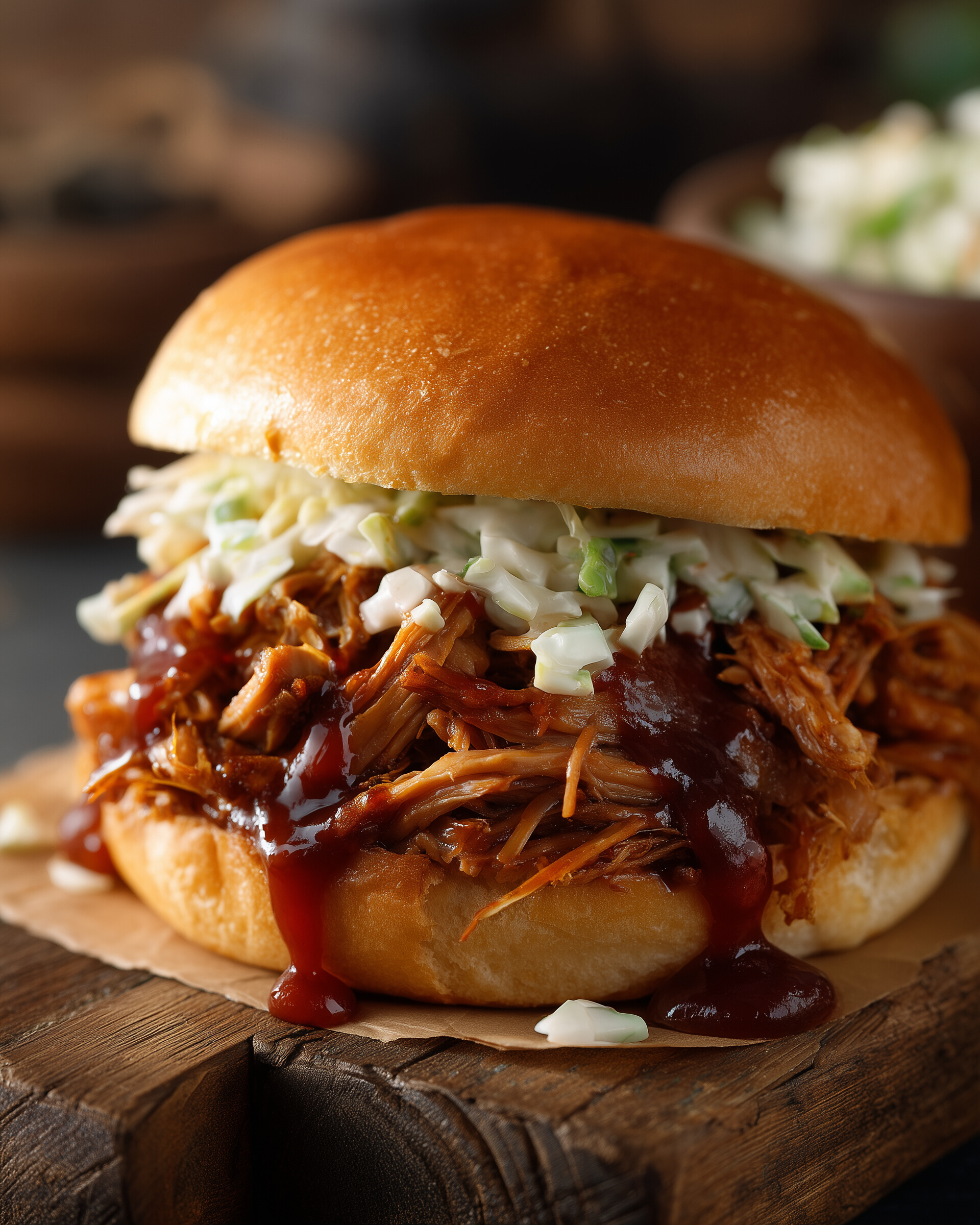 Pulled pork, Slow-cooked shredded pork, close-up of juicy pulled pork sandwich in a toasted brioche bun with coleslaw and barbecue sauce
